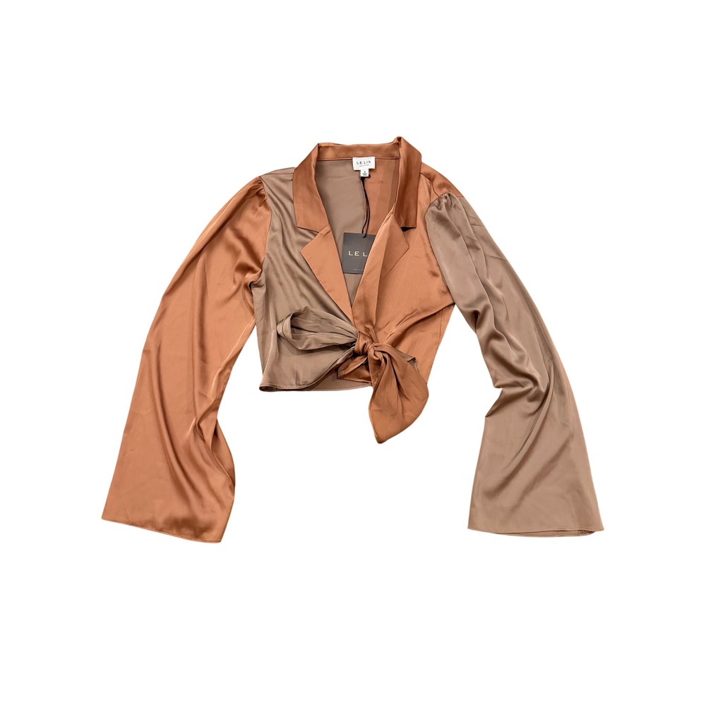 Le Lis Two Tone Satin‎ Wrap Top Bronze Taupe Bell Sleeve Crop Blouse ST7203 S